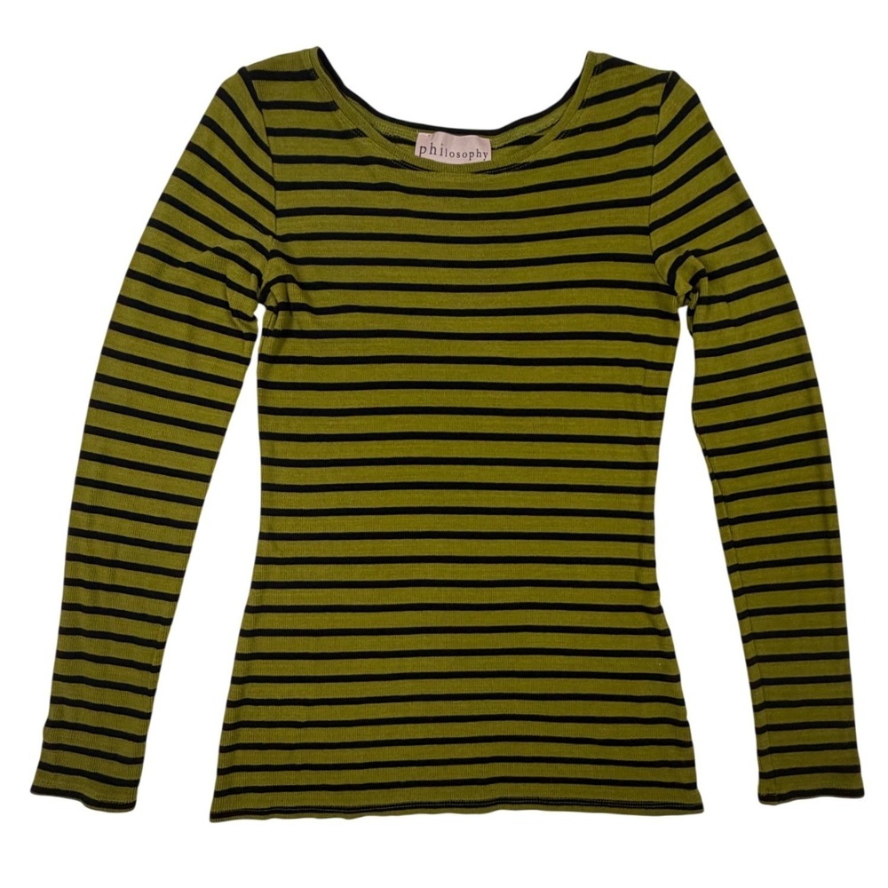 Philosophy Republic Clothing Womens Medium Green Black Striped Rib Knit Top M